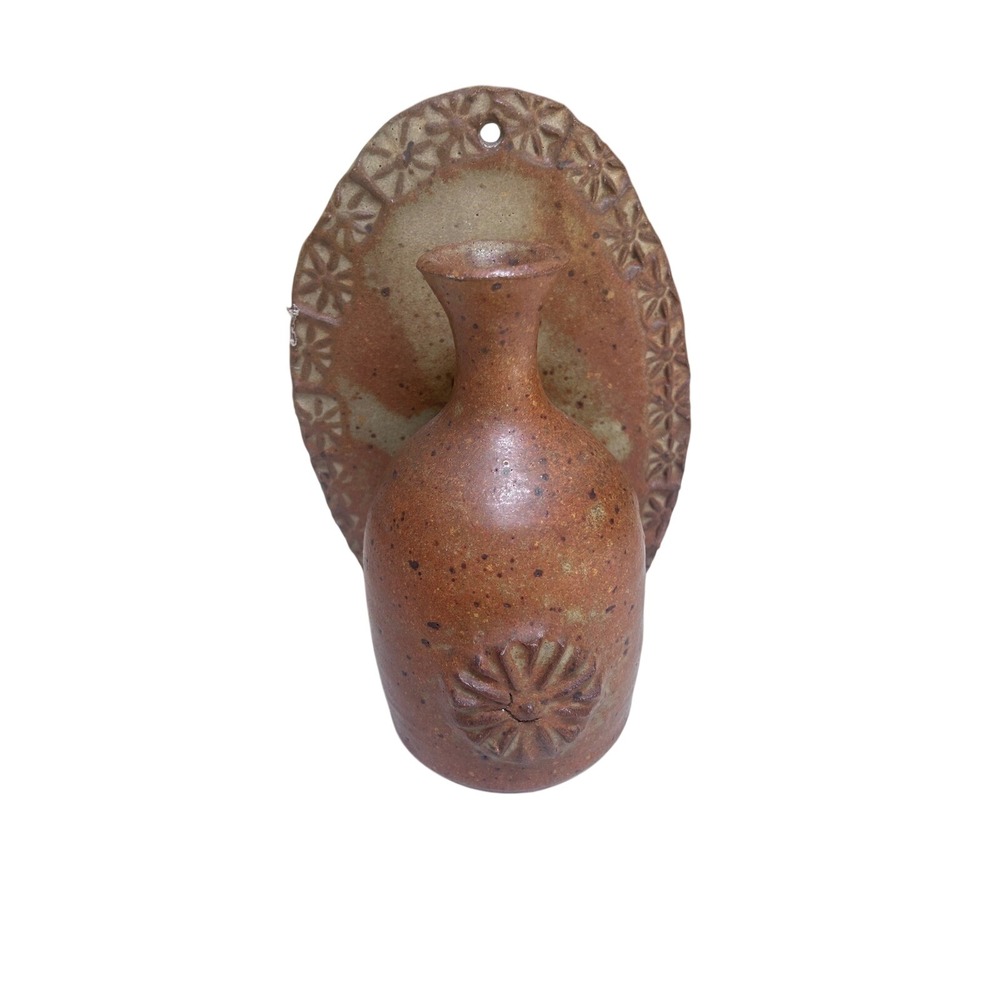 Vintage 1977 Horner Studio Pottery Wall Pocket Vase Speckled Stoneware Floral